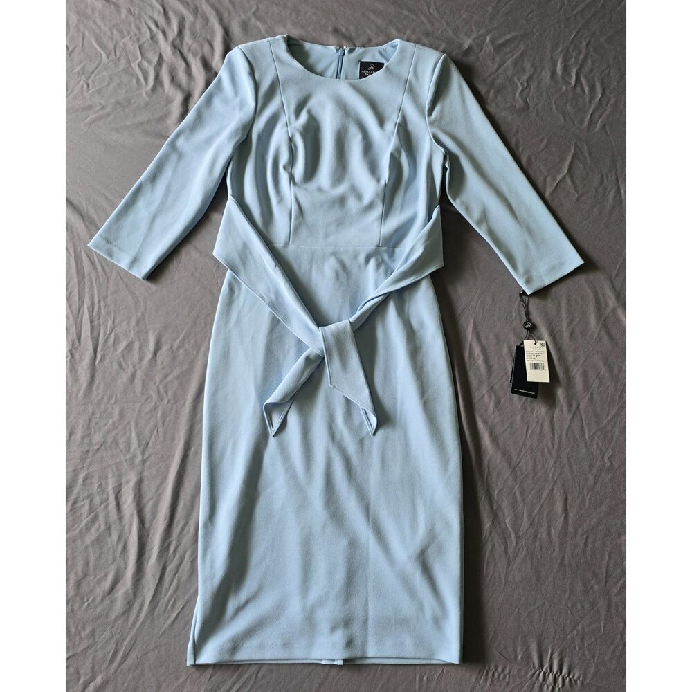 Adrianna Papell Knit Crepe Tie Waist Sheath Dress Blue Mist 4 NWT - Picture 1 of 13